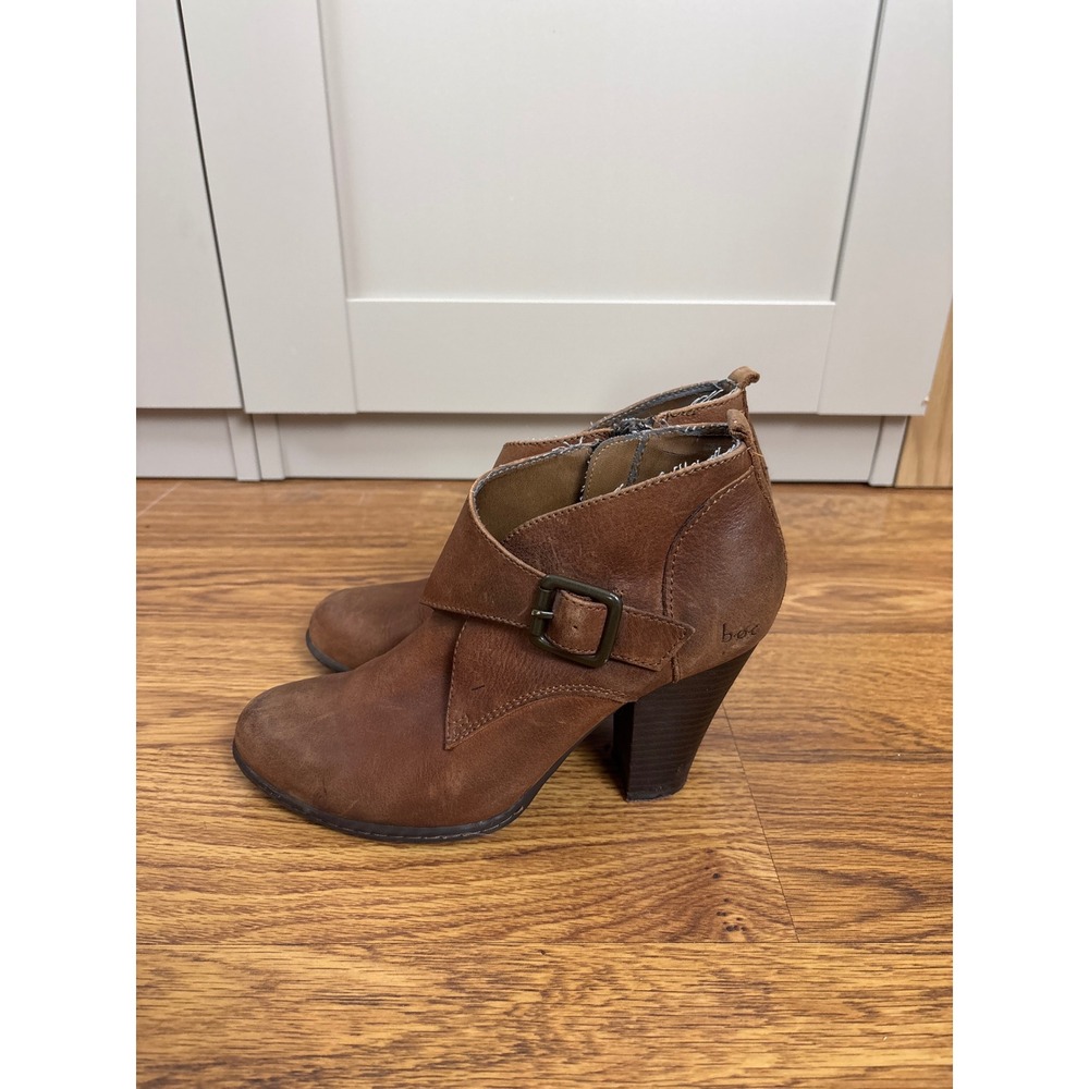 b.o.c. Born Concept Brown Leather Buckle Ankle Boots Block Heel Side Zip Shoes